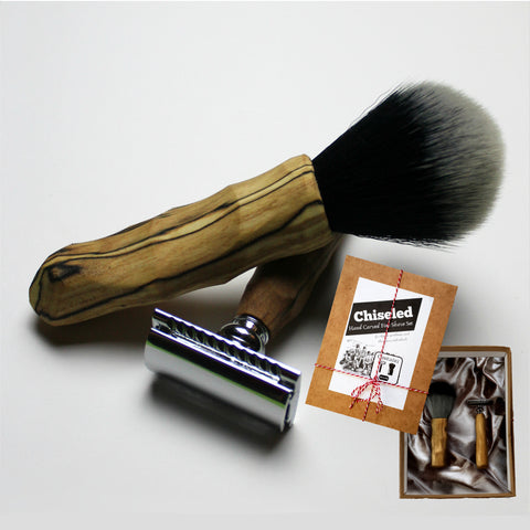 Single blade double edge wet shave safety razor and synthetic brush